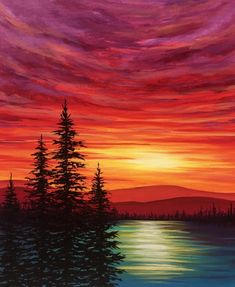 a painting of a sunset with trees in the foreground