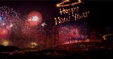 fireworks are lit up in the night sky with happy new year's eve written on it