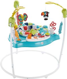 a baby's play table with toys hanging from the handle and on top of it