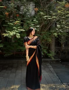 #saree #farewellsaree #pinterest #aesthetic #black South Indian Black Saree, Black Saree For Women, Black Saree Traditional, Black Saari Aesthetic, Dark Saree Aesthetic, Black Farewell Saree, Black Sari Look, Black Saree Look Traditional, Dark Colour Saree