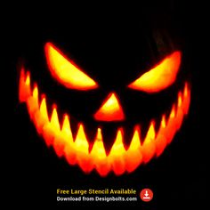 an image of a scary pumpkin with glowing eyes on it's face and the words free large stencil available