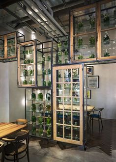 a room filled with lots of glass and wooden shelves next to a table covered in potted plants