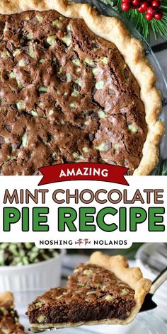 a pie with chocolate and pistachio toppings on top, in front of other pies