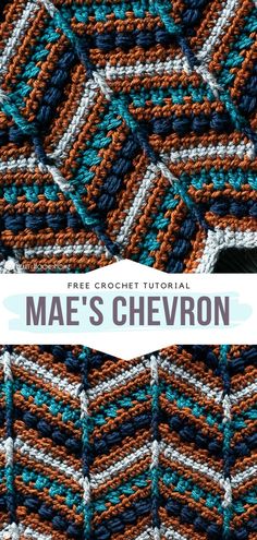 the crochet chevron pattern is shown in blue, orange and white