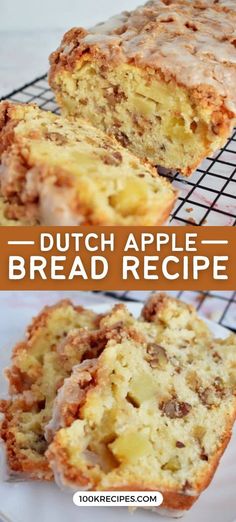 two pictures of bread on a cooling rack with the words, dutch apple bread recipe