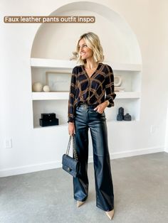 These NSALE faux leather pants are so good and under $60 👏 Here are 6 ways to style them! I am wearing a 25 in the pants and an XS in the tops and blazer! Pants Outfit Dressy, Leather Pants Outfit Going Out, Leather Top Outfit, How To Style Leather Pants, Faux Leather Pants Outfit, Leather Pants Style, Pants Outfit Work, Workwear Chic, High Waisted Pants Outfit