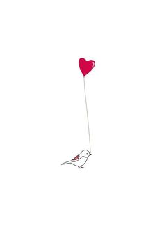 a bird with a heart shaped balloon attached to it