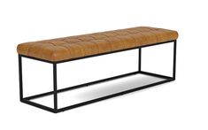 a bench made out of metal and leather with a brown seat cushion on the top