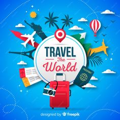 travel the world with suitcase and passport on blue background, paper cut art style illustration