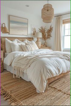 a large bed sitting in a bedroom next to a window