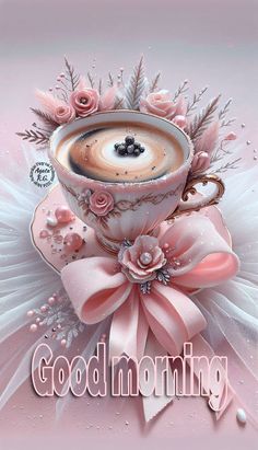 a cup of coffee with pink flowers on it and the words good morning above it