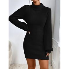 Introducing The Black Sweater Dress, Crafted For Elegance. This Dress Features A High Neckline And Long Bishop Sleeves For A Sophisticated Look. The Natural Waistline And Pencil-Shaped Hem Create A Flattering Short Silhouette. Made From Knitwear With Slight Stretch, It Ensures A Regular Fit That Combines Comfort With Style. Non-Sheer And Thoughtfully Designed, This Dress Is Perfect For A Chic, Polished Appearance. Note: Belt Not Included. Fitted Sweater Dress For Night Out, Fitted Black Sweater Dress, Fitted Mini Sweater Dress, Black Fitted Mini Sweater Dress, Fitted Black Mini Sweater Dress, Fitted Sweater Dress For Date Night In Fall, Black Fitted Mini Dress For Fall Season, Black Fitted Mini Dress For Fall, Black Fitted Sweater Dress For Evening