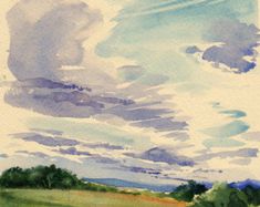 a watercolor painting of clouds and trees in the distance with grass on either side