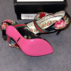 Gucci Floral Print Velvet Sylvie Pump Brand New; Comes With Designer Box Designer Pink Closed Toe Heels, Pink Gucci Heels For Evening, Pink Gucci Formal Heels, Gucci Pink Heels With Branded Heel Counter, Spring Pink Gucci Heels, Gucci Pink Formal Heels, Gucci Pink Round Toe Heels, Gucci Pink Evening Heels, Gucci Floral Heels