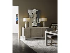 a living room scene with focus on the sideboard and table lamp's lamps