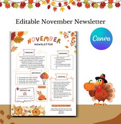 a thanksgiving flyer with an image of a turkey on it and the words, editable november