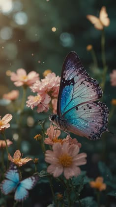 a blue butterfly sitting on top of pink flowers