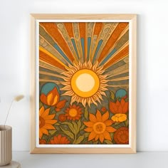 an orange and yellow painting on a wall next to a vase with a plant in it