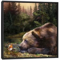 a painting of a brown bear laying on the ground next to a small orange bird