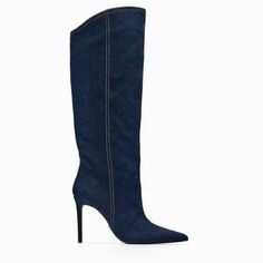 Heeled Knee Denim High Boots. Asymmetric Collar. Seamed Detail At Side. Denim Blue Pointed Toe Denim Boots, Fitted Denim Boots For Spring, Denim Blue Pointed Toe Boots, Blue Denim Boots With Pointed Toe, Summer Denim Boots With Pointed Toe, Denim Summer Boots, Fitted Denim Boots For Summer, Fitted Denim Summer Boots, Chic Denim Winter Boots