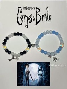 two bracelets with charms on them and an image of corpse bride in the background