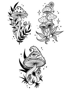 three different types of mushrooms tattoo designs