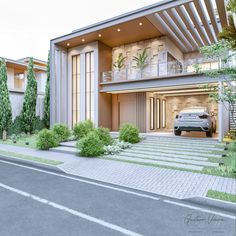 a car is parked in front of a modern house with stairs and balconies