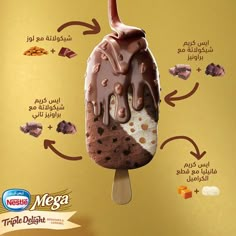 an ice cream sundae with chocolate toppings on top and other ingredients surrounding it