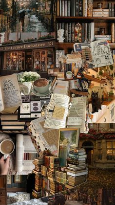 a collage of books, magazines and other items