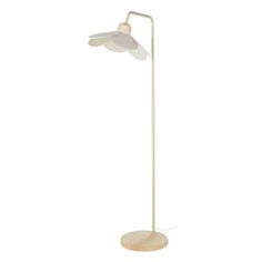 a white floor lamp with a wooden base