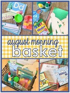 a basket filled with lots of crafts and books