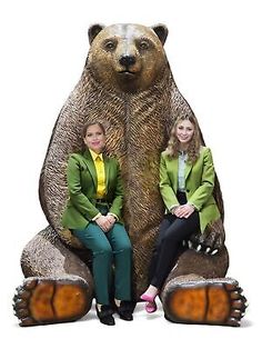 two women are sitting on a bear statue