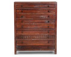 an old wooden dresser with drawers and knobs on the bottom drawer, against a white background