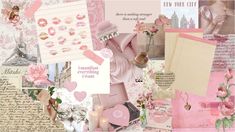 a collage of pink and white images with flowers, letters, and other items