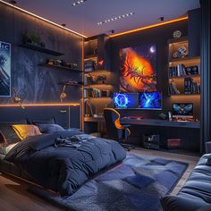 a bedroom with a bed, desk and television in the corner is lit up at night