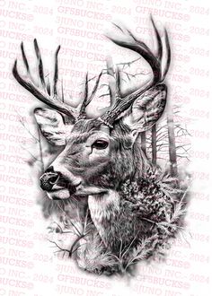 a black and white drawing of a deer with antlers on it's head