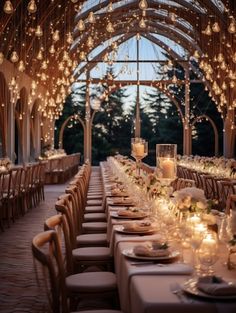 a long table is set up with candles and place settings for dinner guests to enjoy