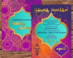 two different colored cards with arabic writing on the front and back, one in gold and purple