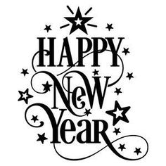 a black and white happy new year sign with stars in the background, on a white background