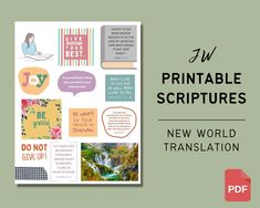 the new world translation for printable bibles is shown in front of a green background