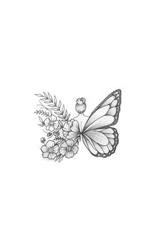 a black and white drawing of a butterfly with flowers