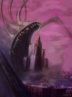 an image of a giant monster with its mouth open in front of a cityscape