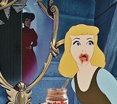 an animated image of a woman holding a jar of peanut butter and looking at herself in the mirror