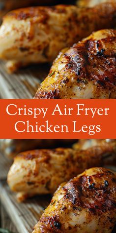 crispy air fryer chicken legs on a tray with text overlay that reads crispy air fryer chicken legs