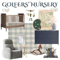 a baby's nursery with furniture and accessories