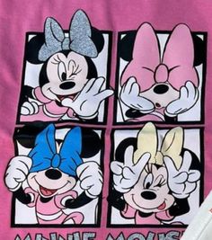 four minnie mouses are shown on a pink shirt