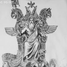 a black and white drawing of a man sitting on a throne with an eagle above his head