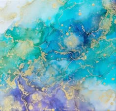 an abstract painting with gold and blue colors