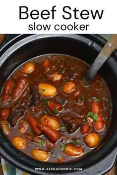 beef stew with potatoes and carrots in a slow cooker