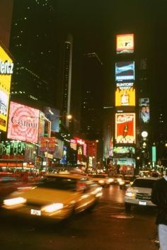 New York Taxi, At Night, Photographic Print, Neon Signs, Neon, New York, Road, Cars, Signs